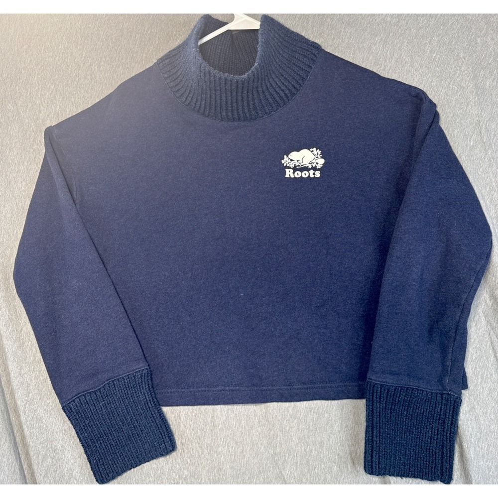 Roots Canada Sweater Women Mock Turtleneck Cropped Large Blue Fleece Pullover